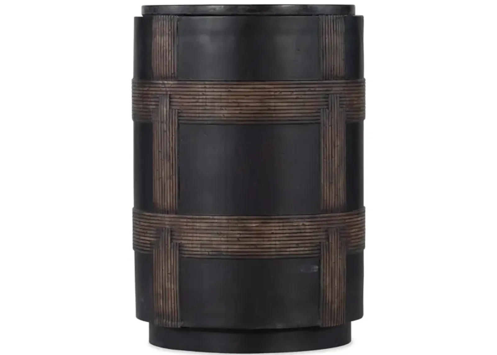 Melange Burbank Round Accent Table in Dark brown with lighter brown weave motif and black marble top by Hooker Furniture