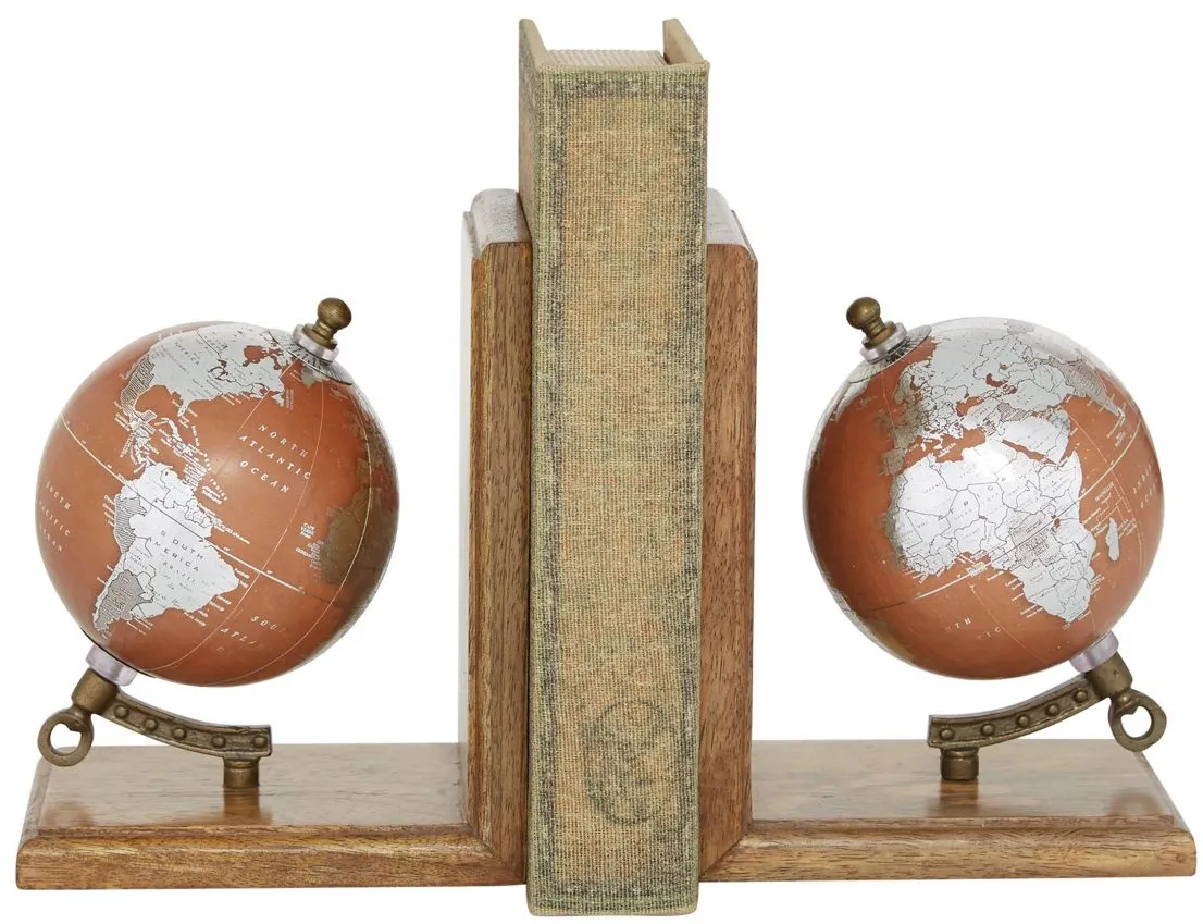 Ivy Collection Tilted Globe Bookends Set in Brown by UMA Enterprises