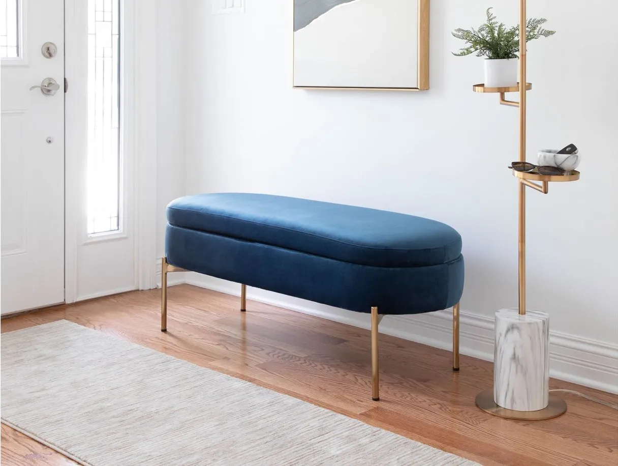 Chloe Storage Bench in Gold Metal, Blue Velvet by Lumisource