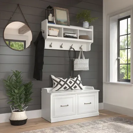 Woodland Home Shoe Storage Bench with Doors and Wall Mounted Coat Rack in White Ash by Bush Industries