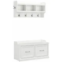 Woodland Home Shoe Storage Bench with Doors and Wall Mounted Coat Rack in White Ash by Bush Industries