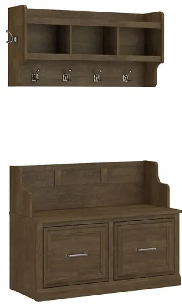 Woodland Hall Entryway Bench with Doors and Wall Mounted Coat Rack