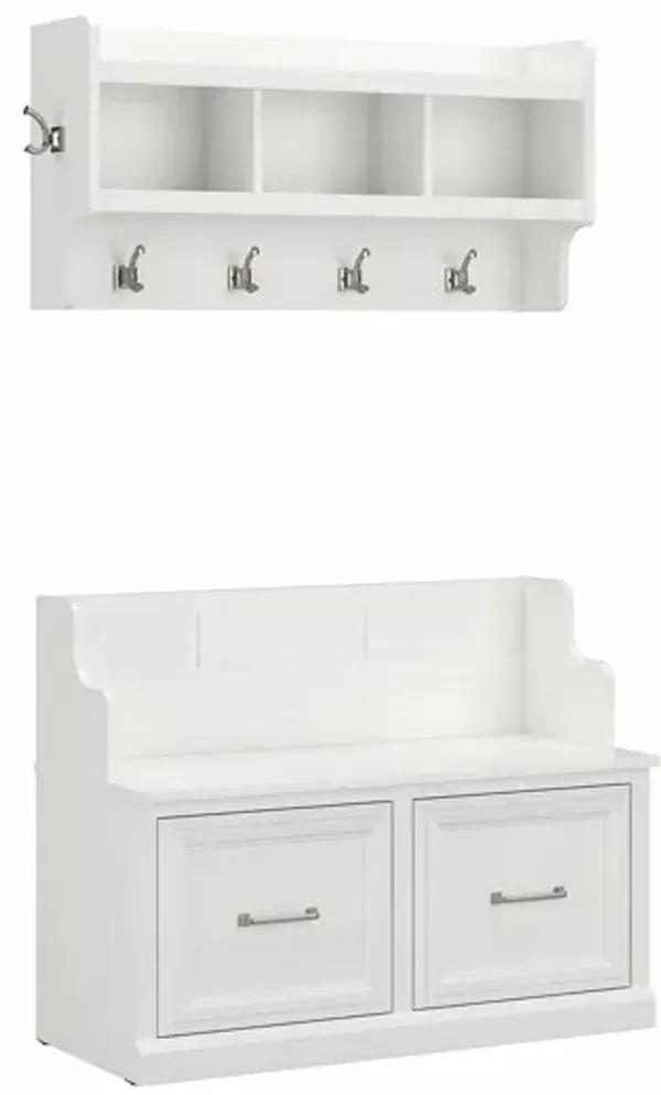 Woodland Hall Entryway Bench with Doors and Wall Mounted Coat Rack