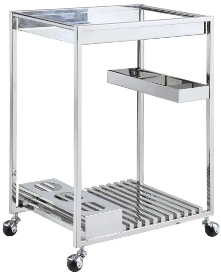 Jeffry Bar Cart w/ Wine Storage in Polished Stainless Steel by Chintaly Imports
