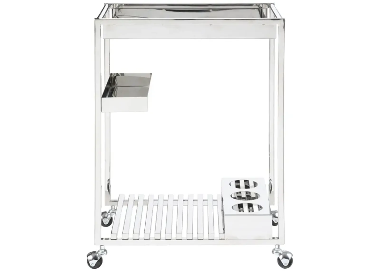 Jeffry Bar Cart w/ Wine Storage in Polished Stainless Steel by Chintaly Imports