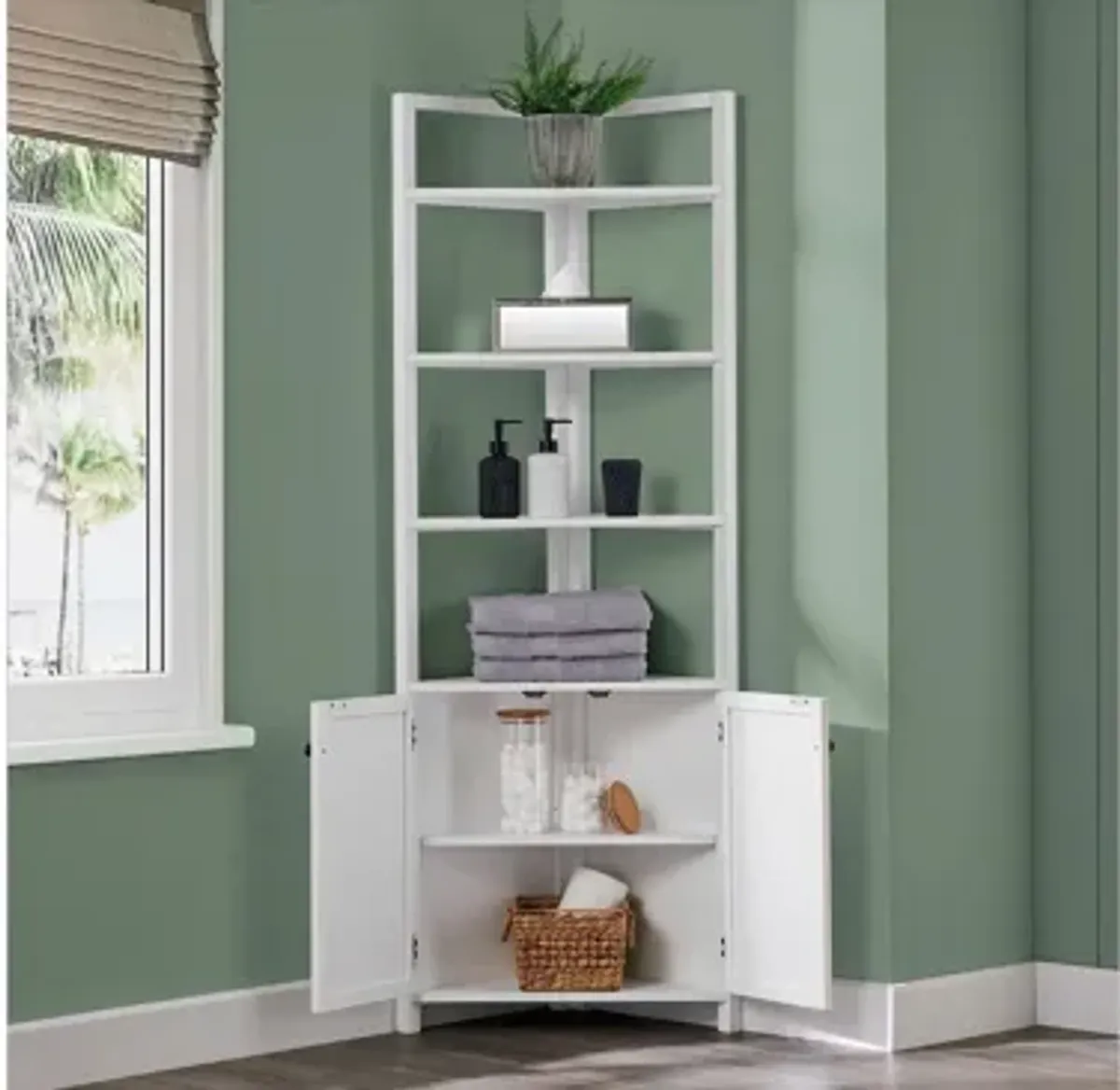 Dover Open Shelf Corner Storage Cabinet w/ Doors