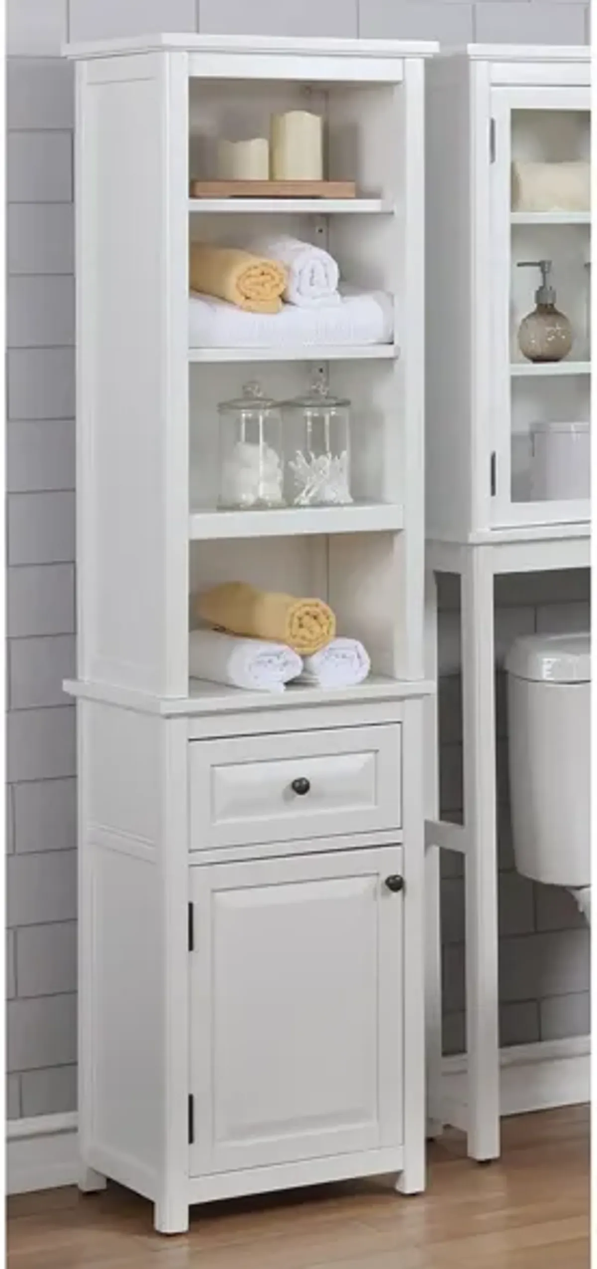 Dorset Open Shelf Storage Tower w/ Drawer and Door in White by Bolton Furniture