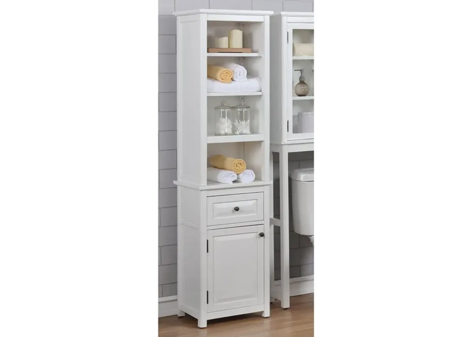 Dorset Open Shelf Storage Tower w/ Drawer and Door