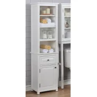 Dorset Open Shelf Storage Tower w/ Drawer and Door in White by Bolton Furniture