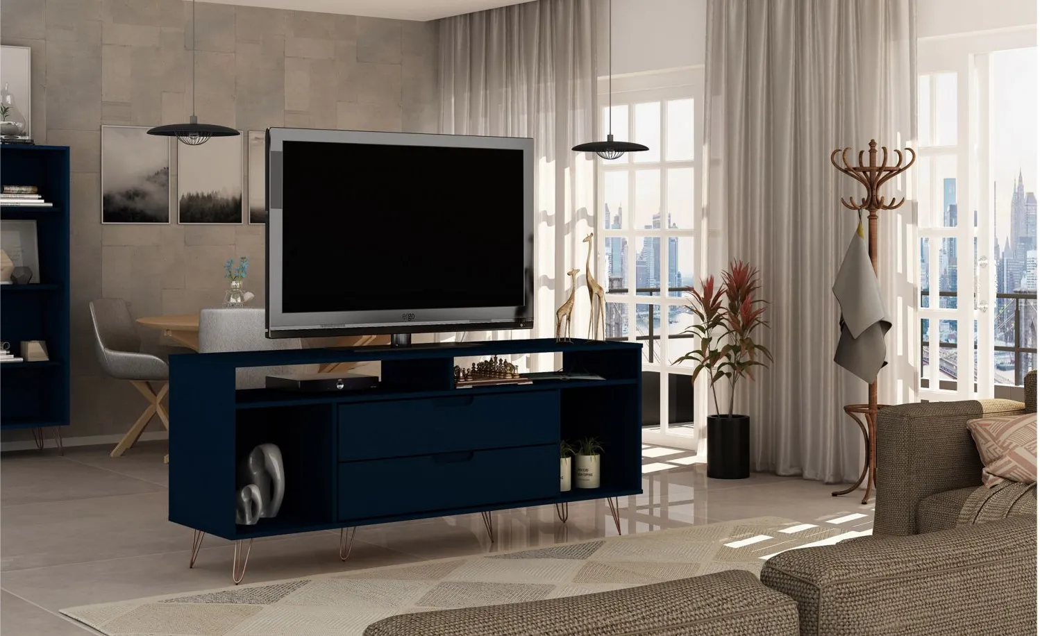 Rockefeller 62" TV Stand in Tatiana Midnight Blue by Manhattan Comfort