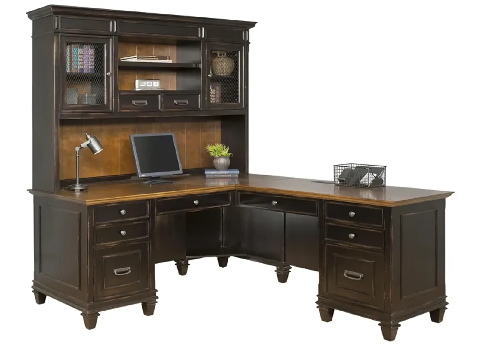 Hartford Executive L-Desk w/ Hutch in Black by Martin Furniture