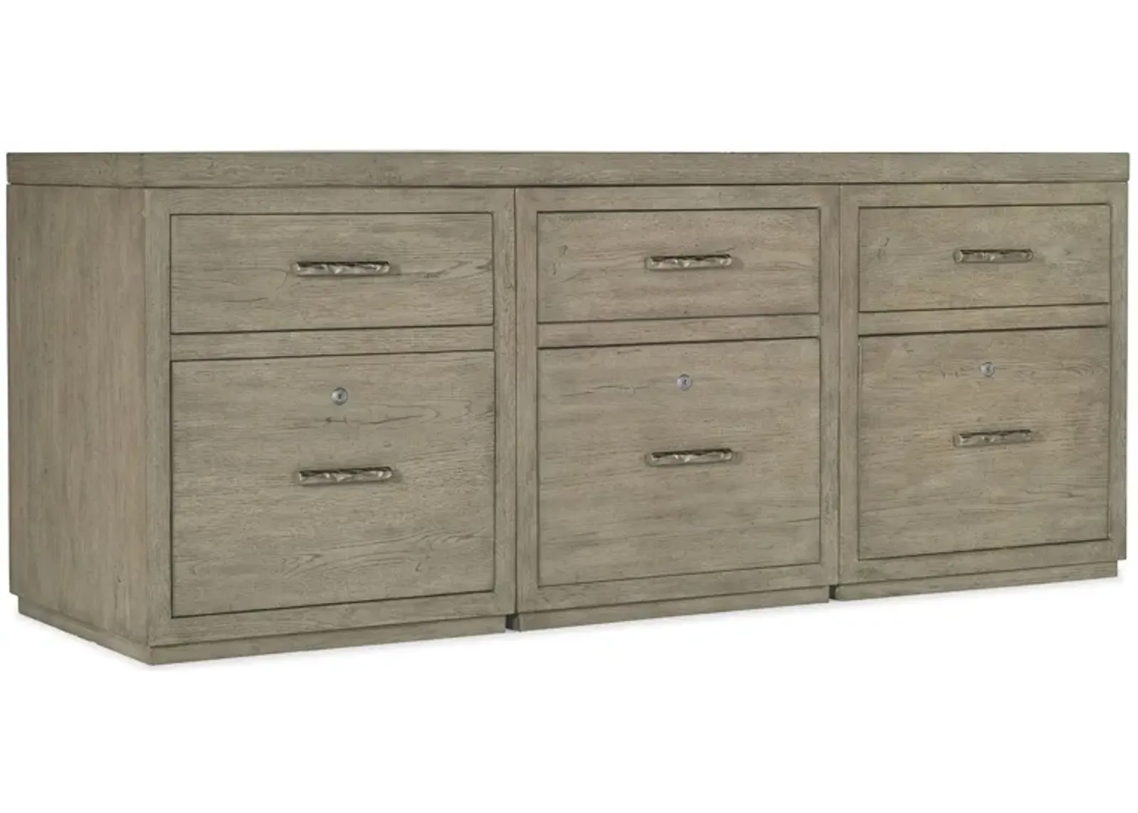 Linville Falls 72" Credenza w/ Three Files in Mink: A soft smoked gray finish. Textured metal bar pulls in an antique pewter finish. by Hooker Furniture