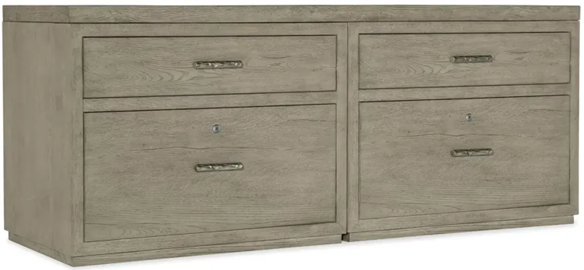 Linville Falls 72" Credenza w/ Two Lateral Files in Mink: A soft smoked gray finish. Textured metal bar pulls in an antique pewter finish. by Hooker Furniture