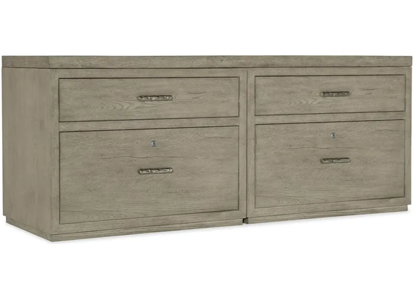 Linville Falls 72" Credenza w/ Two Lateral Files in Mink: A soft smoked gray finish. Textured metal bar pulls in an antique pewter finish. by Hooker Furniture