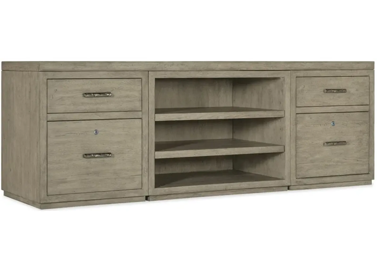 Linville Falls 84" Credenza w/ Two Files and Shelves in Mink: A soft smoked gray finish. Textured metal bar pulls in an antique pewter finish. by Hooker Furniture