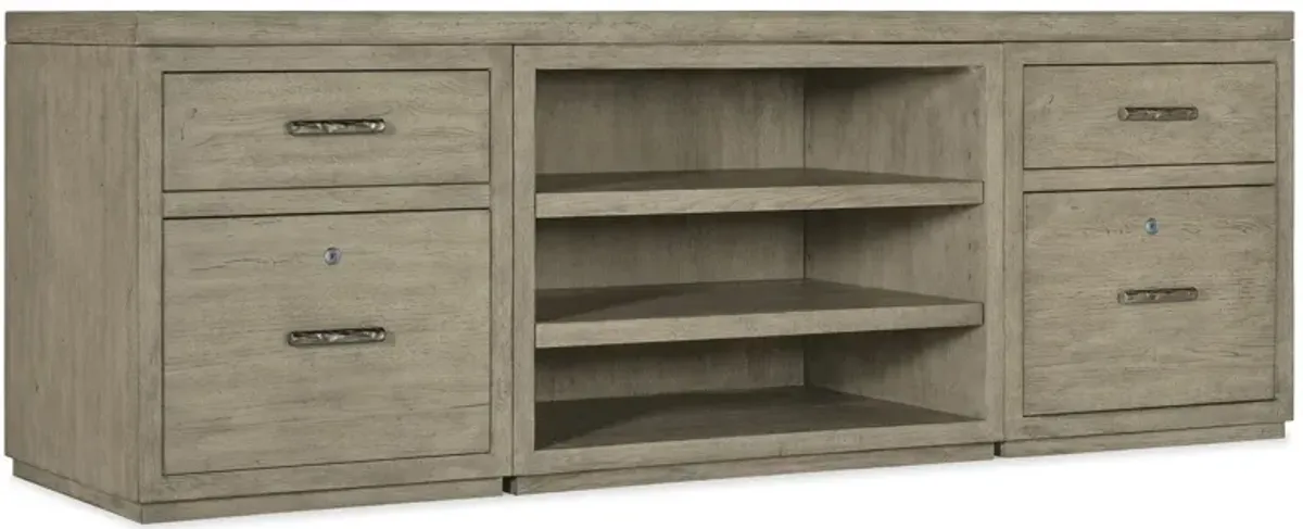 Linville Falls 84" Credenza w/ Two Files and Shelves in Mink: A soft smoked gray finish. Textured metal bar pulls in an antique pewter finish. by Hooker Furniture