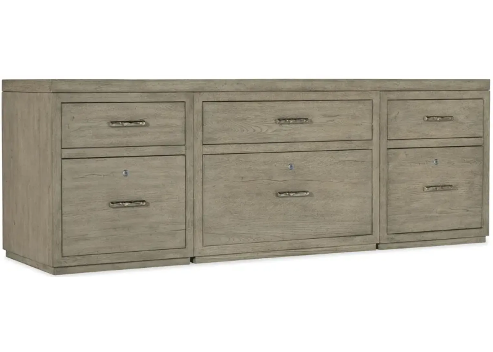 Linville Falls 84" Credenza in Mink: A soft smoked gray finish. Textured metal bar pulls in an antique pewter finish. by Hooker Furniture