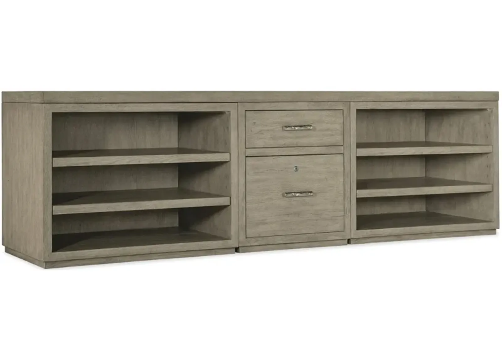 Linville Falls 96" Credenza w/ File and Shelves in Mink: A soft smoked gray finish. Textured metal bar pulls in an antique pewter finish. by Hooker Furniture