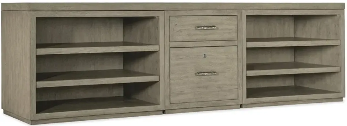 Linville Falls 96" Credenza w/ File and Shelves in Mink: A soft smoked gray finish. Textured metal bar pulls in an antique pewter finish. by Hooker Furniture