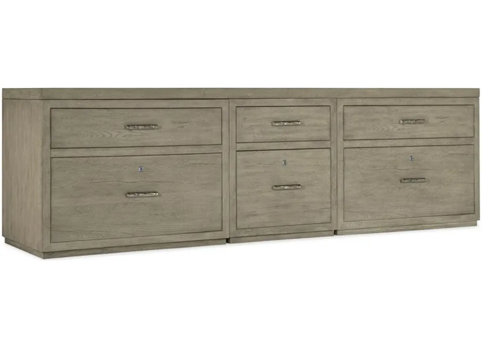 Linville Falls 96" Credenza in Mink: A soft smoked gray finish. Textured metal bar pulls in an antique pewter finish. by Hooker Furniture