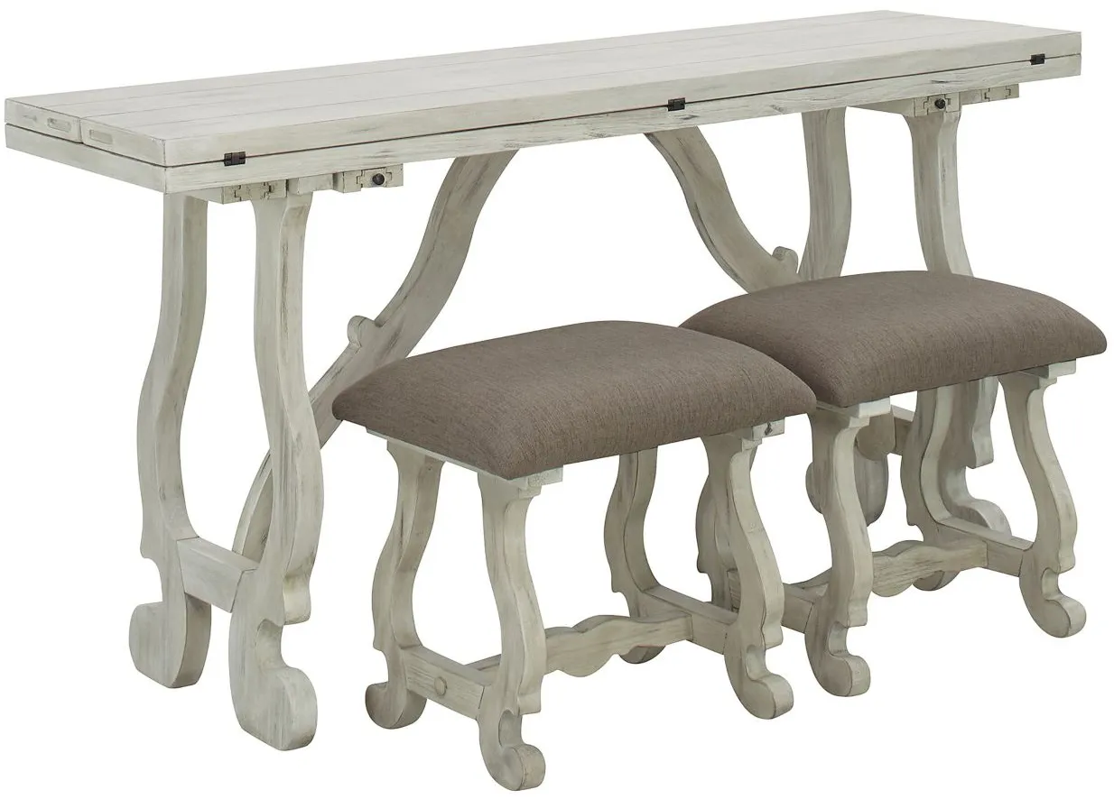 Kathleen Fold-Out Console Table w/ Stools in White Rub by Coast To Coast Imports