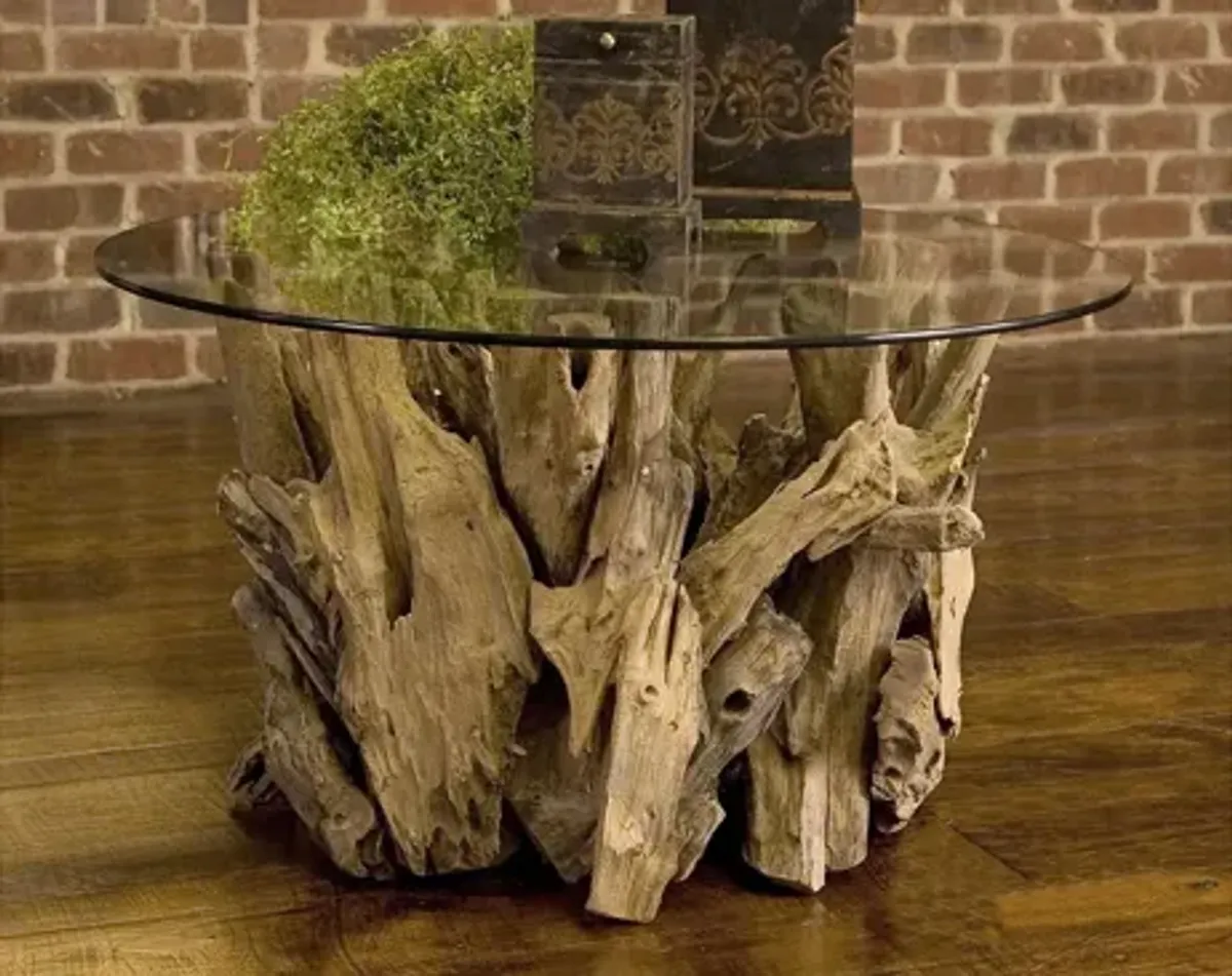 Driftwood Round Glass Cocktail Table