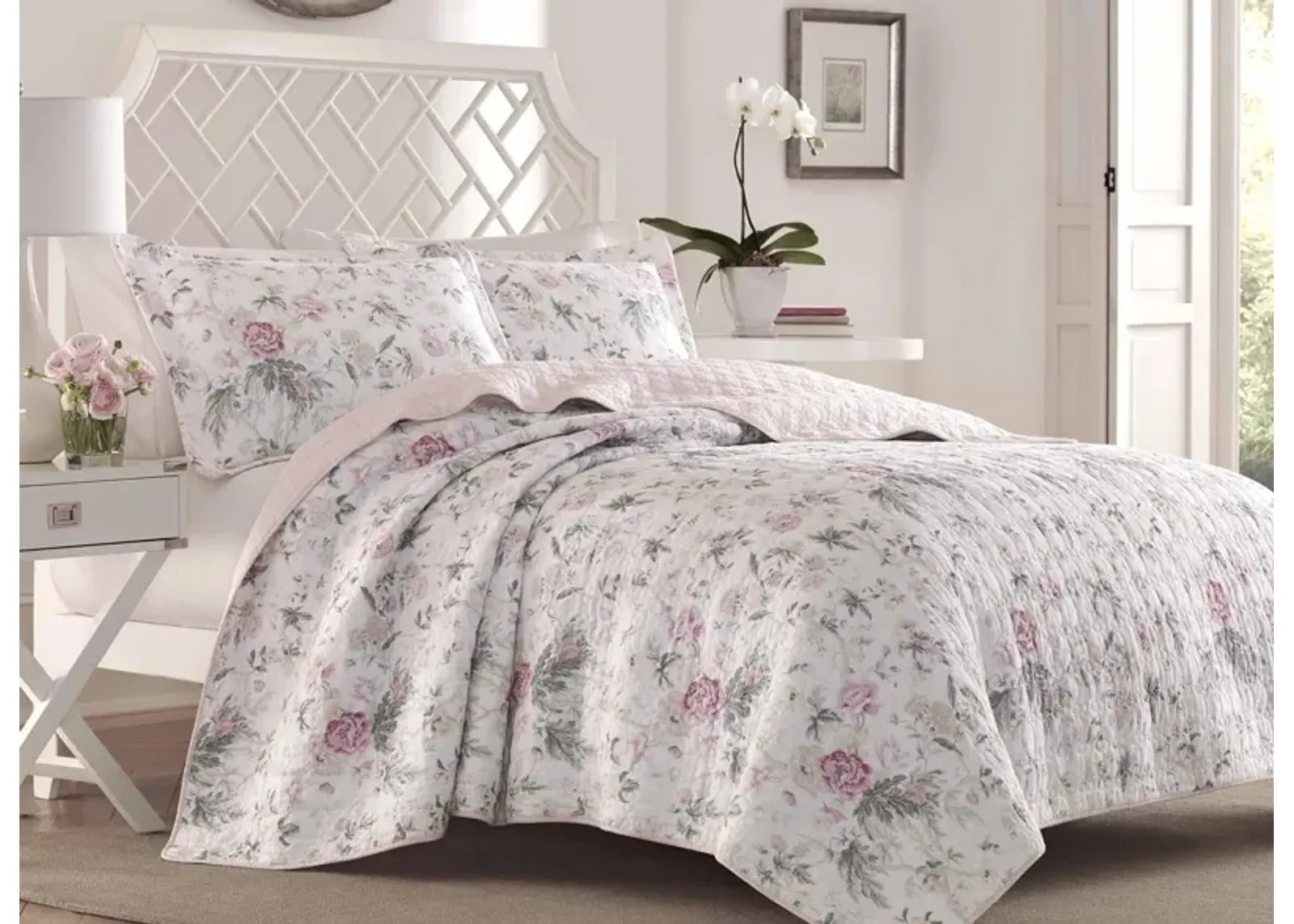 Breezy Floral-2 Piece Quilt Set in PINK/GRAY by Revman International