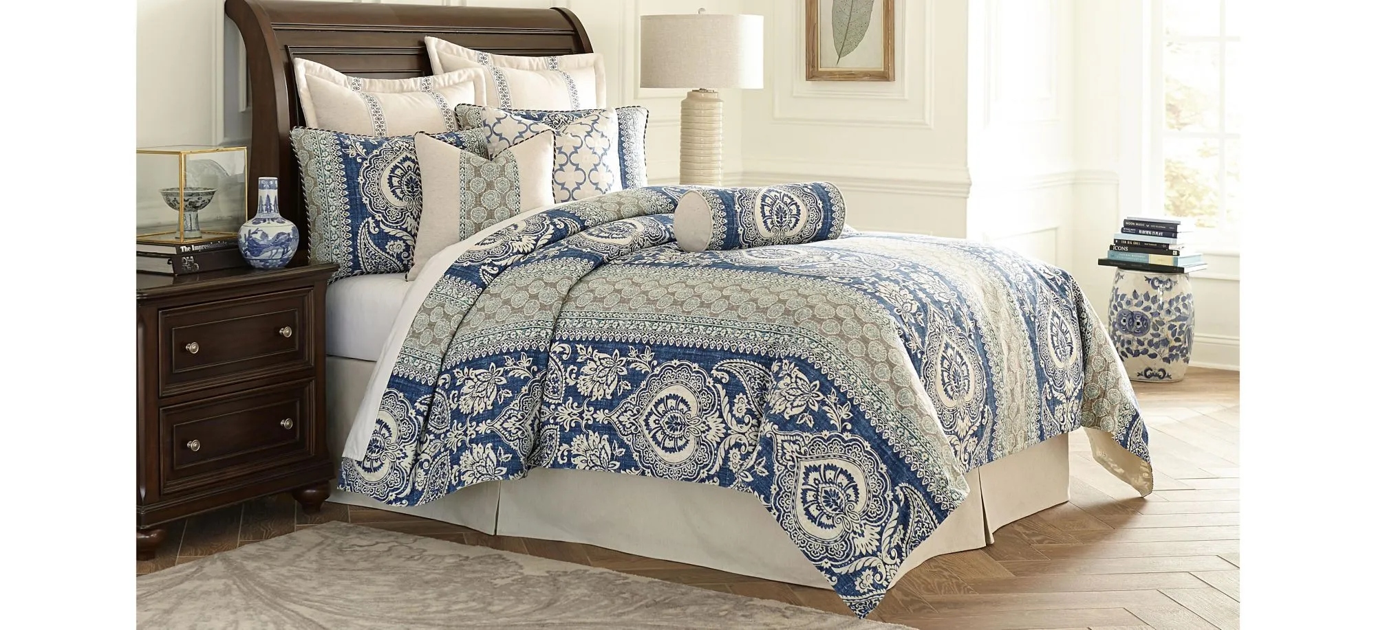 La Rochelle 9-Piece Comforter Set in Blue, Natural, Tan by Amini Innovation