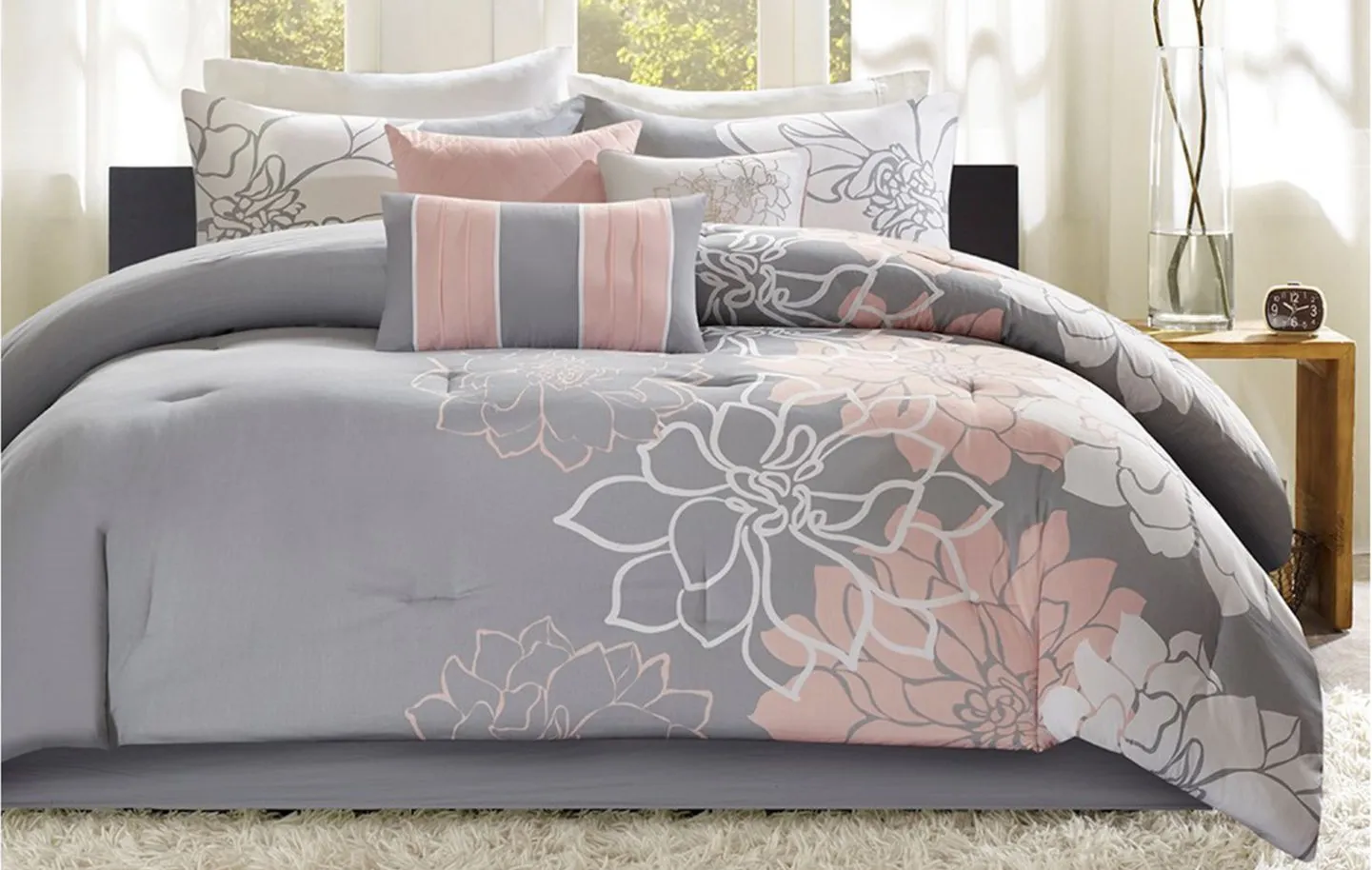 Lola 7-pc. Comforter Set in Gray/Blush by E&E Co Ltd
