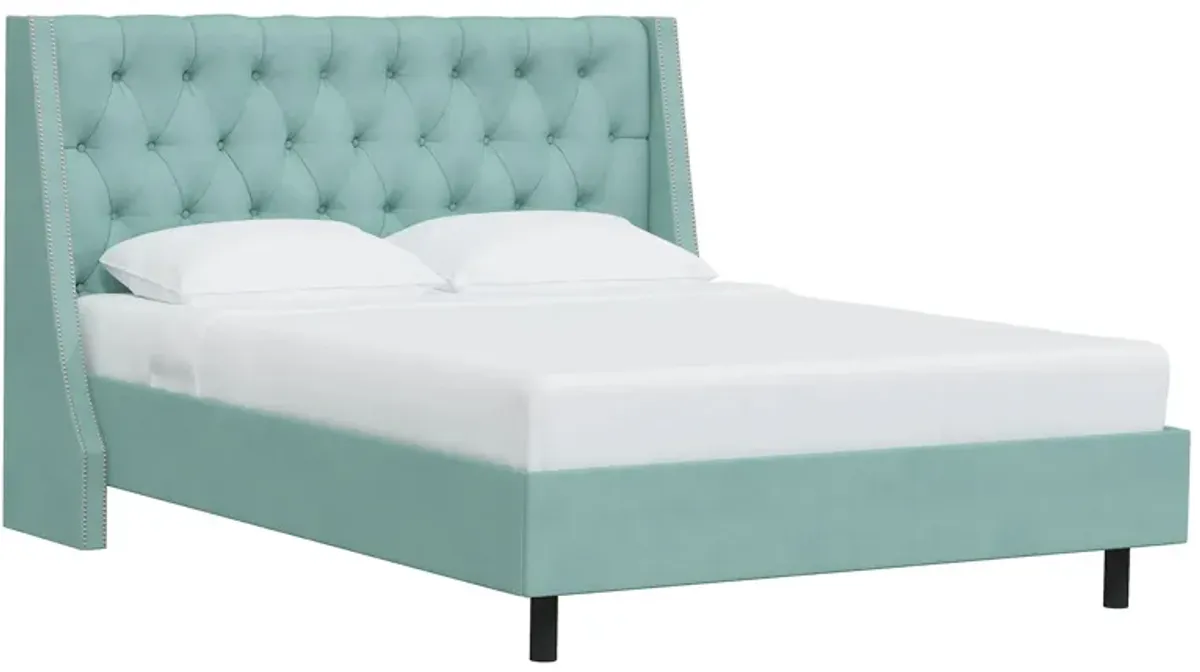 Sheridan Wingback Platform Bed in Velvet Caribbean by Skyline