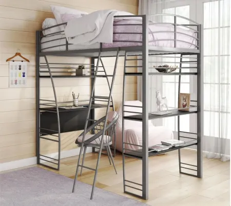 Studio Loft Bed with Desk & Shelves in Silver by DOREL HOME FURNISHINGS