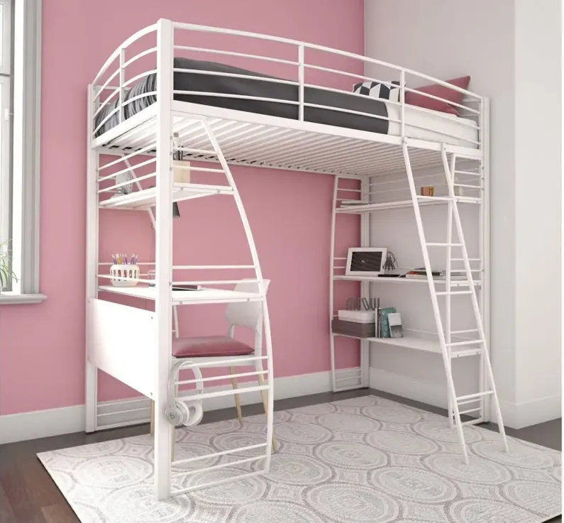 Studio Loft Bed with Desk & Shelves in White by DOREL HOME FURNISHINGS