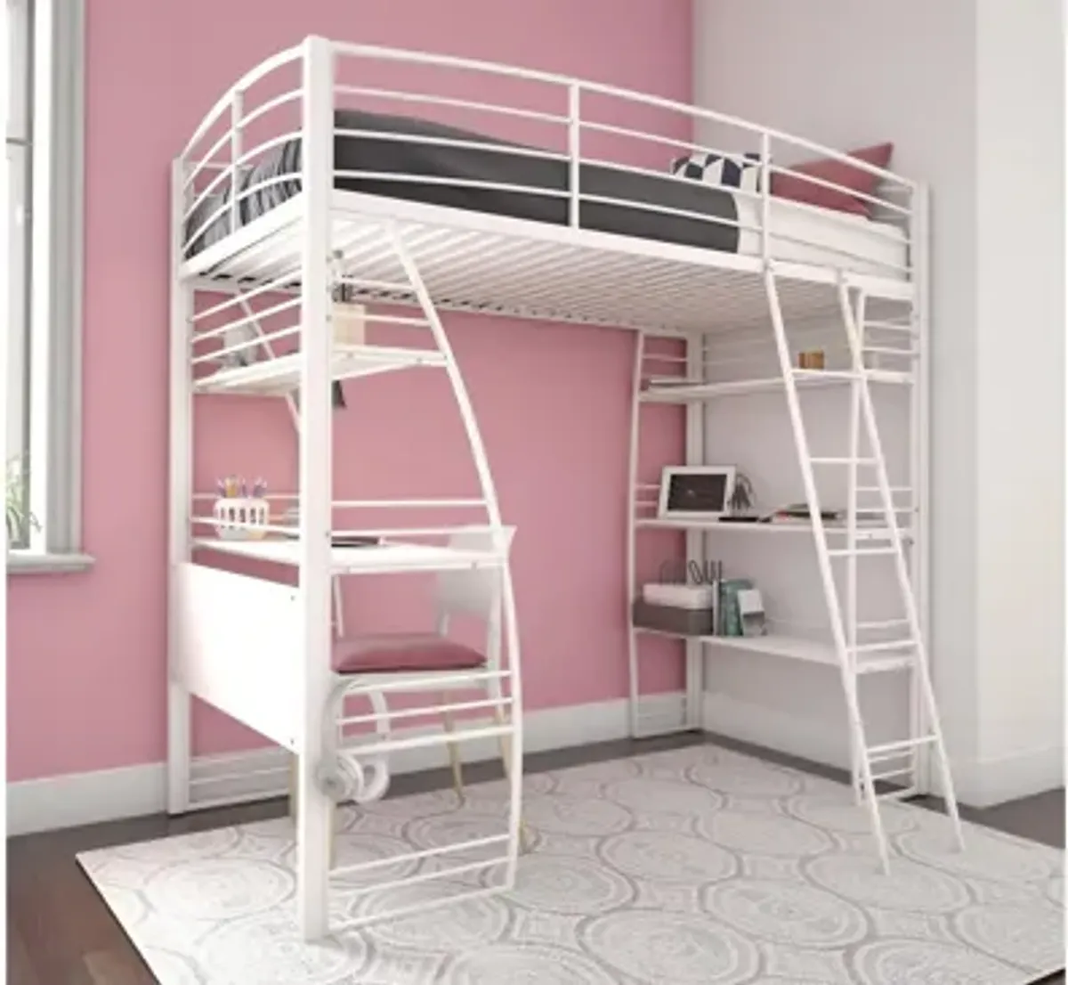 Studio Loft Bed with Desk & Shelves