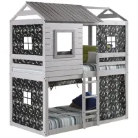 Deer Blind Twin Over Twin Bunk Bed with Tent Kit in Rustic Gray with Camo Tent by Donco Trading