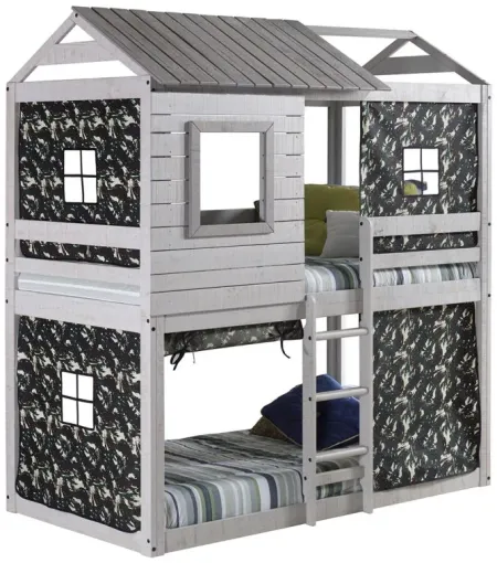 Deer Blind Twin Over Twin Bunk Bed with Tent Kit in Rustic Gray with Camo Tent by Donco Trading