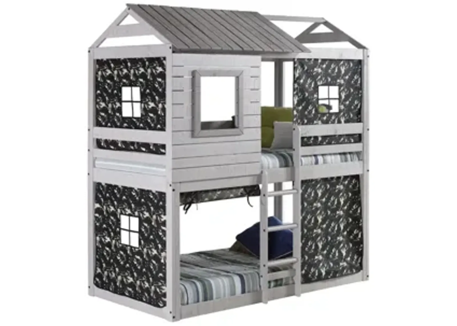 Deer Blind Bunk Bed with Tent Kit in Rustic Gray with Camo Tent by Donco Trading