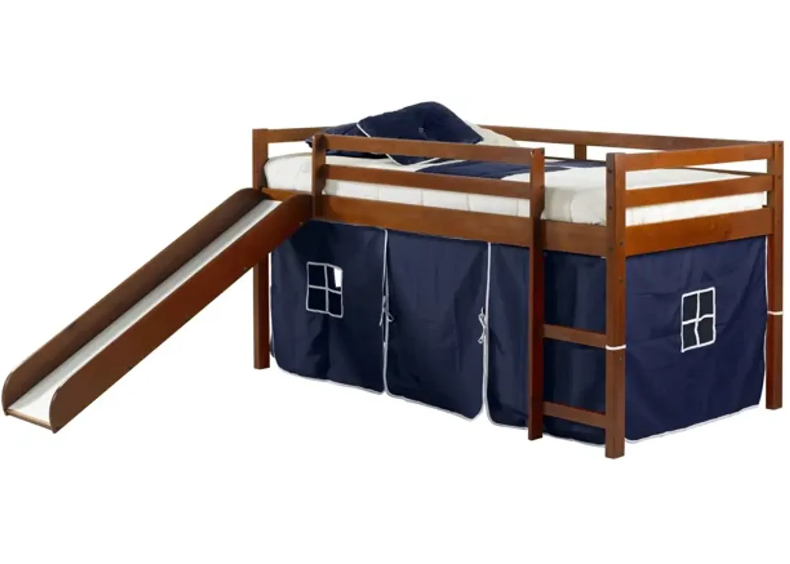 Tent Low Loft Bed with Slide & Tent Kit in Espresso with Blue Tent by Donco Trading