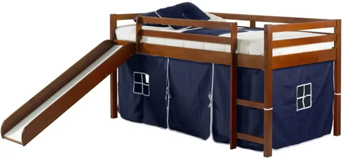 Tent Low Loft Bed with Slide & Tent Kit in Espresso with Blue Tent by Donco Trading