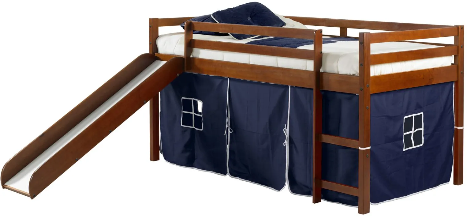 Tent Low Loft Bed with Slide & Tent Kit in Espresso with Blue Tent by Donco Trading