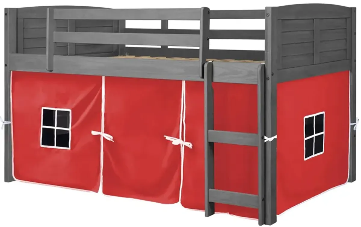 Louver Tent Loft Bed in Antique Gray with Red Tent by Donco Trading