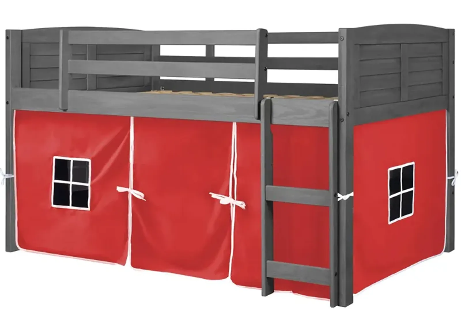 Louver Tent Loft Bed in Antique Gray with Red Tent by Donco Trading