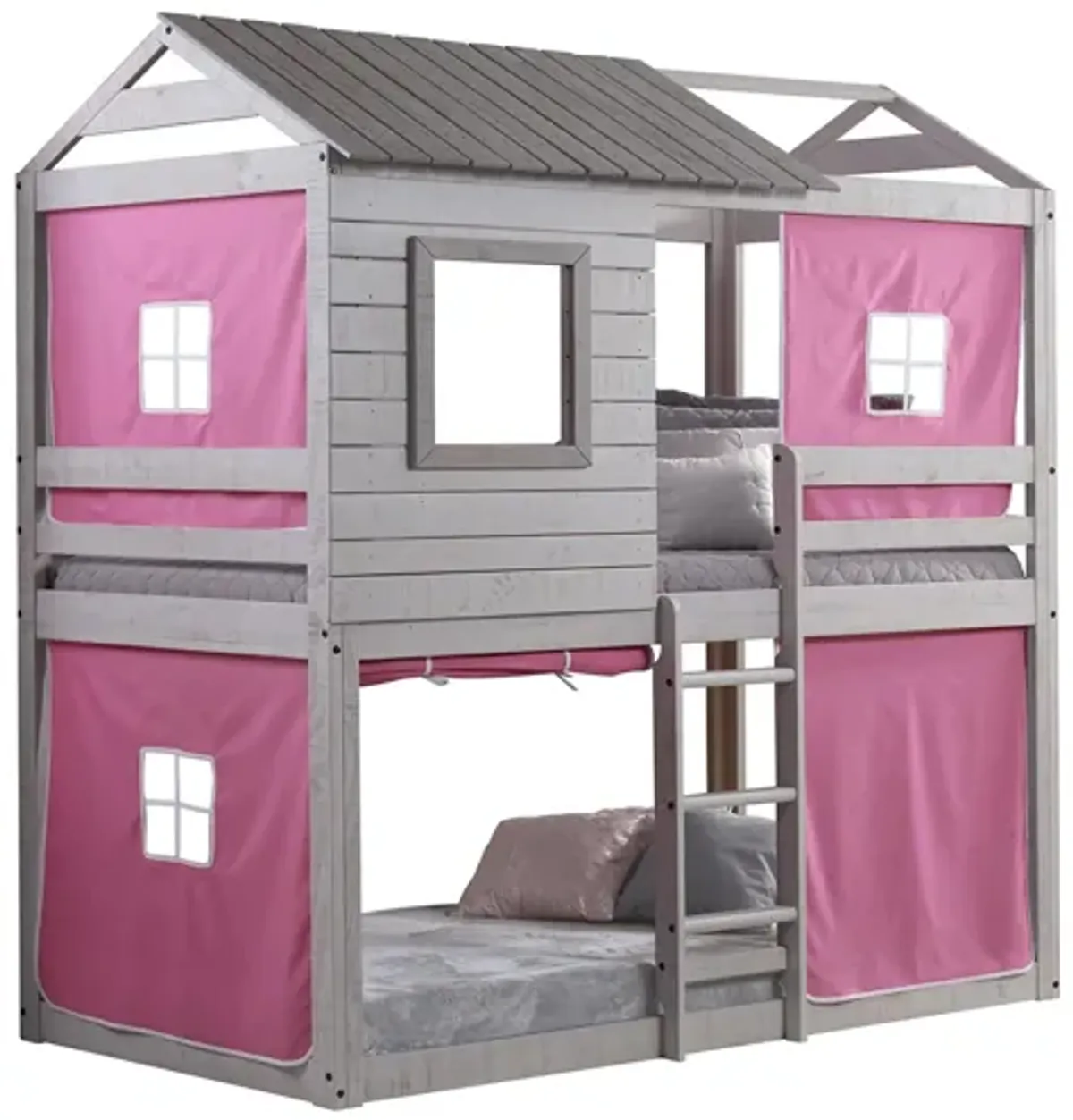 Deer Blind Bunk Bed with Tent Kit in Rustic Gray with Pink Tent by Donco Trading