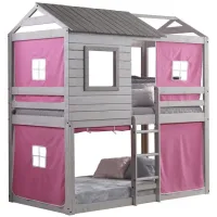 Deer Blind Twin Over Twin Bunk Bed with Tent Kit in Rustic Gray with Pink Tent by Donco Trading