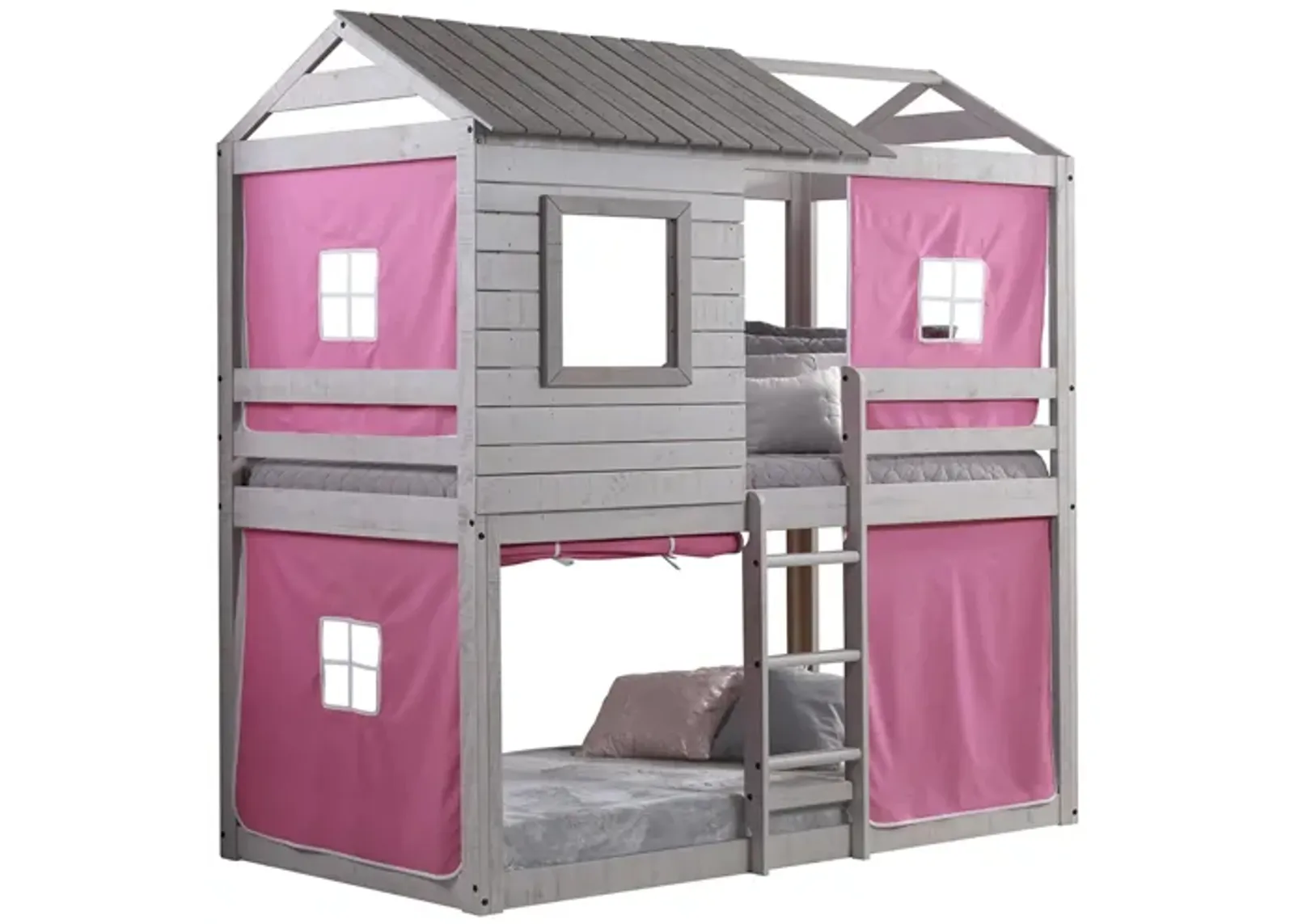 Deer Blind Bunk Bed with Tent Kit in Rustic Gray with Pink Tent by Donco Trading