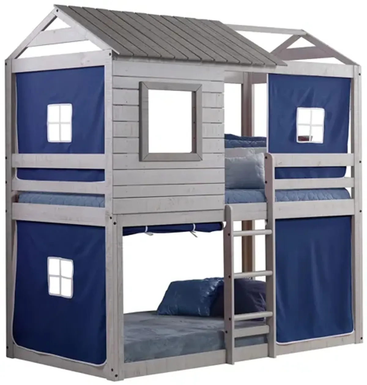 Deer Blind Bunk Bed with Tent Kit in Rustic Gray with Blue Tent by Donco Trading