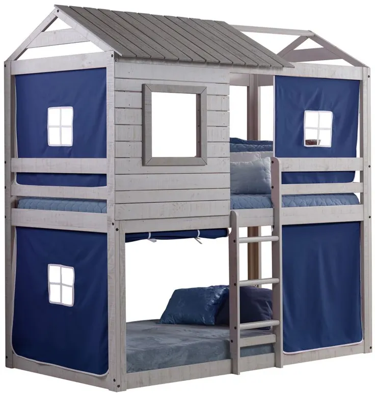 Deer Blind Twin Over Twin Bunk Bed with Tent Kit in Rustic Gray with Blue Tent by Donco Trading