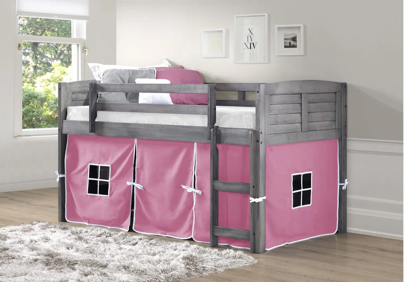 Louver Tent Loft Bed in Antique Gray with Pink Tent by Donco Trading