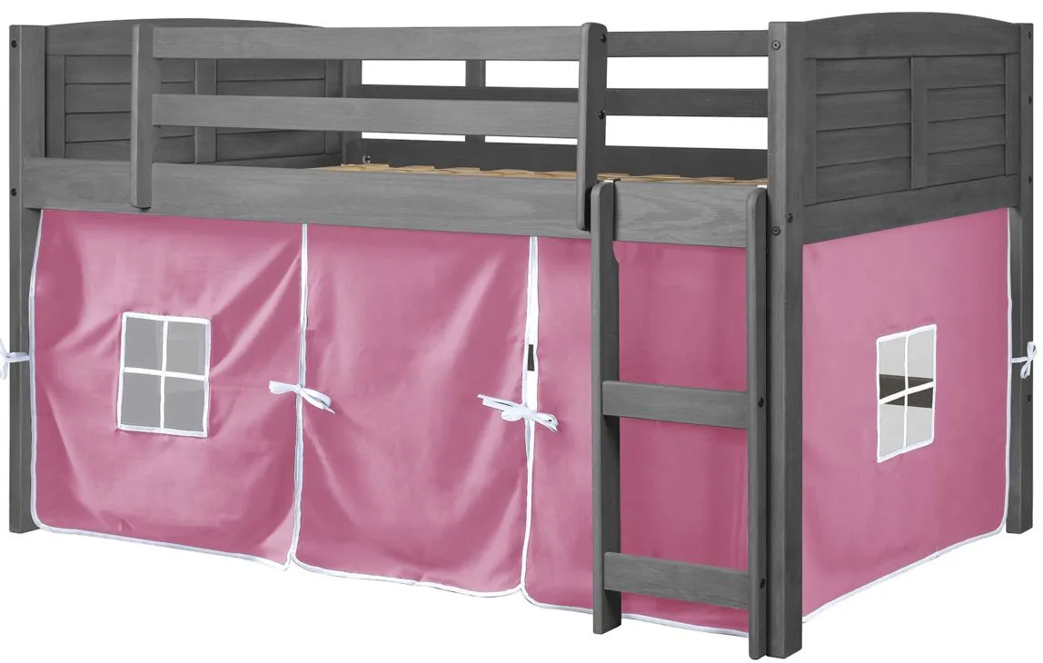 Louver Tent Loft Bed in Antique Gray with Pink Tent by Donco Trading