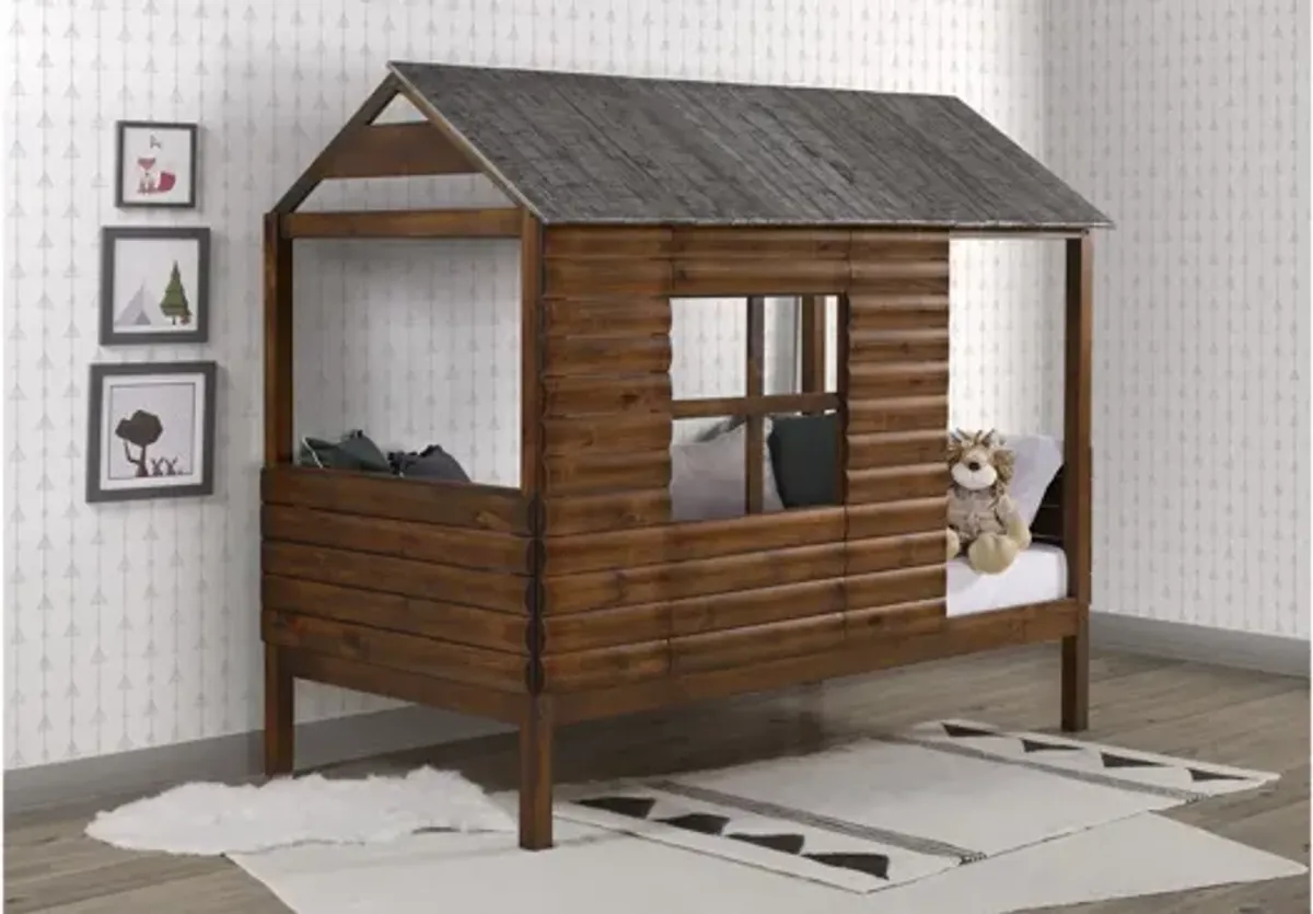 Log Cabin Low Loft Bed with Dual Underbed Drawers in Rustic Walnut by Donco Trading