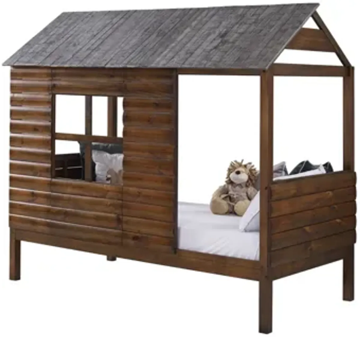 Log Cabin Low Loft Bed with Dual Underbed Drawers in Rustic Walnut by Donco Trading